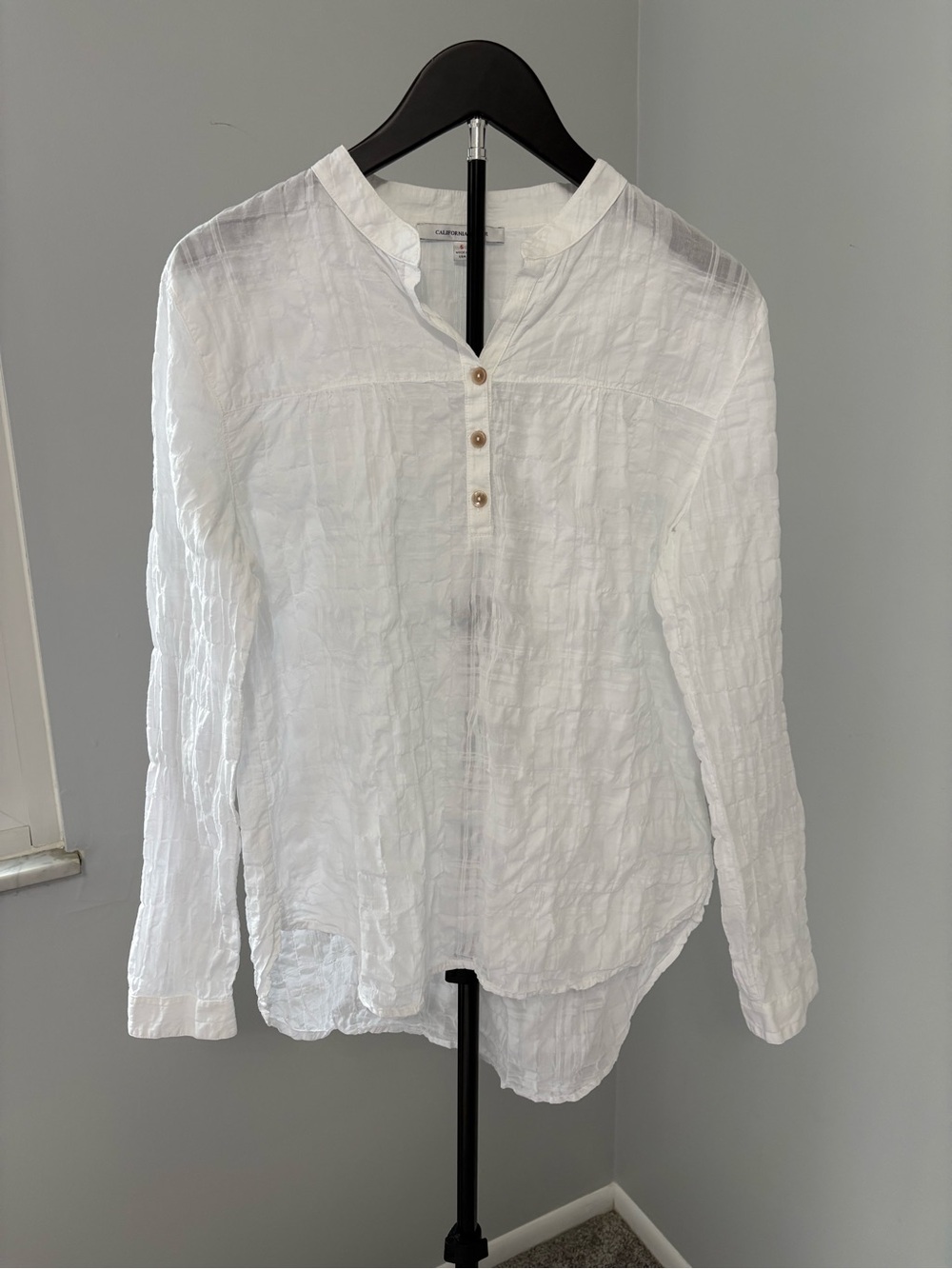 California Tailor White Cotton Gauze Henley Top S Made in USA Crinkle Blouse - Picture 2 of 8